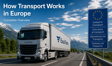 Lastebiltransport på tvers av Europa motorveier logistikk fraktflyt mellom EU-land moderne forsyningskjede